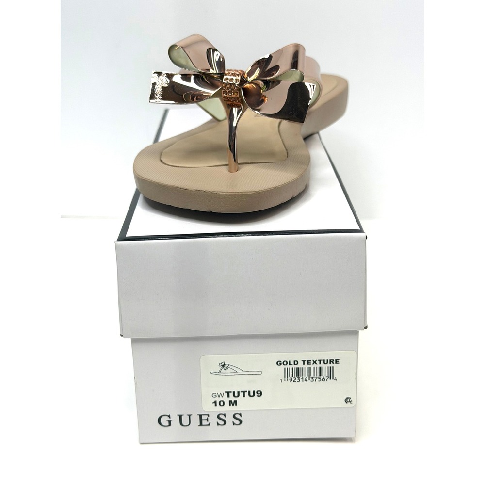 GUESS Women's Tutu Embellished Bow Flip Flops Gold Texture Size 10M NWT/BOX